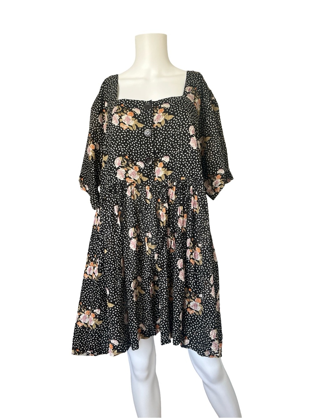 Vintage Babydoll Mini Dress Blac Floral Short Sleeve Boho Cottagecore Womens